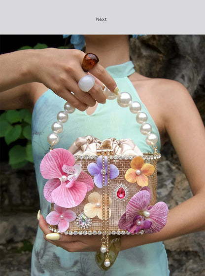 Flower Beaded Bucket Handbag