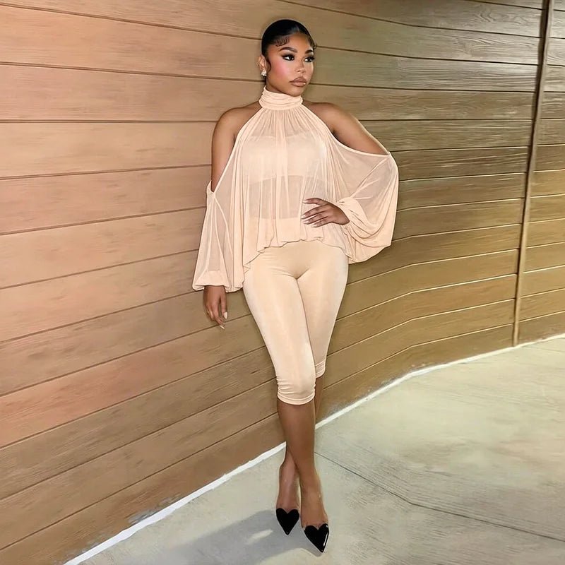 Turtleneck Sheer Chiffon Capris Set