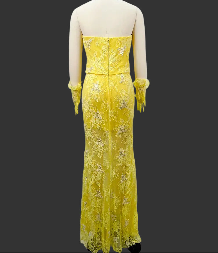 Yellow Lace Mermaid Sheer Maxi Dress