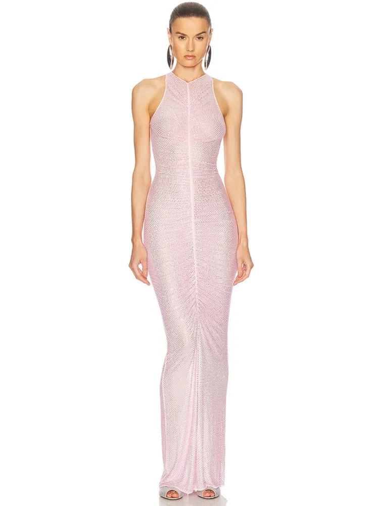 Pink Embellished Ruched Maxi Dress