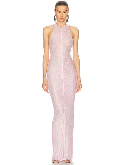 Pink Embellished Ruched Maxi Dress