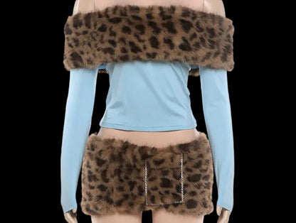 Leopard Fur Mini Skirt Set