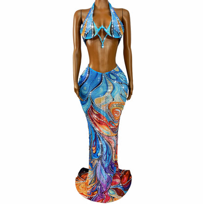 Abstract Swirl Rhinestone Skirt Set