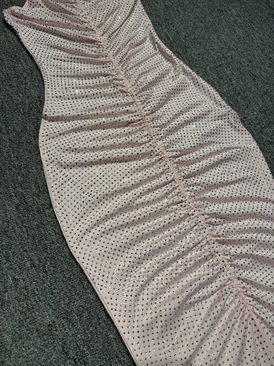 Pink Embellished Ruched Maxi Dress