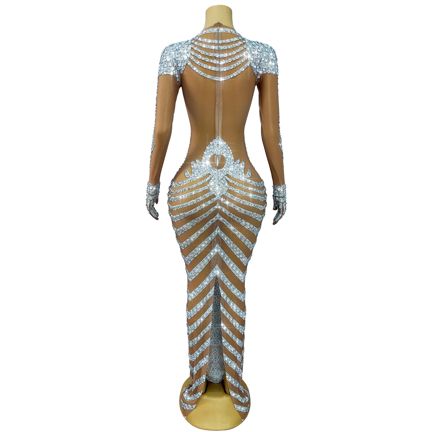 Skeleton Rhinestone Mesh Maxi Dress