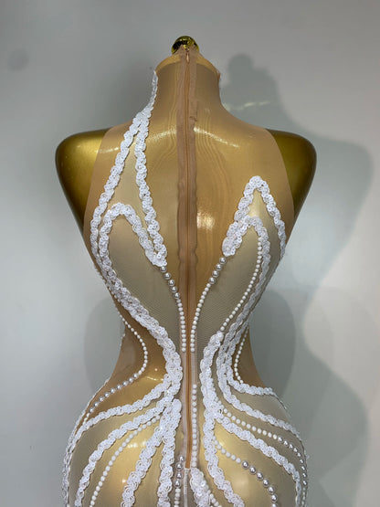 Pearl Sequined Mesh Maxi Dress