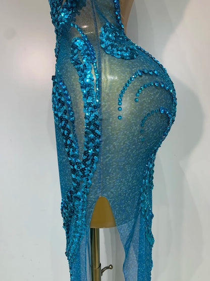 Blue Rhinestone Sequins Mesh Maxi Dress