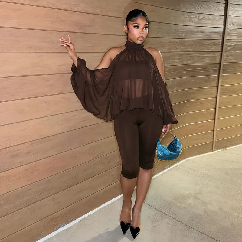 Turtleneck Sheer Chiffon Capris Set