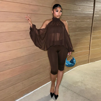 Turtleneck Sheer Chiffon Capris Set