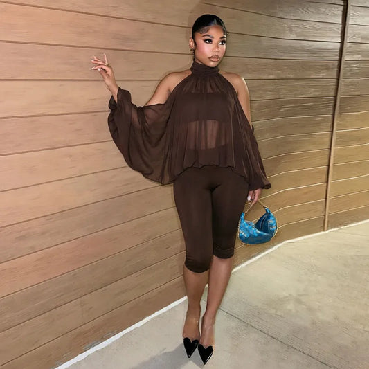 Turtleneck Sheer Chiffon Capris Set