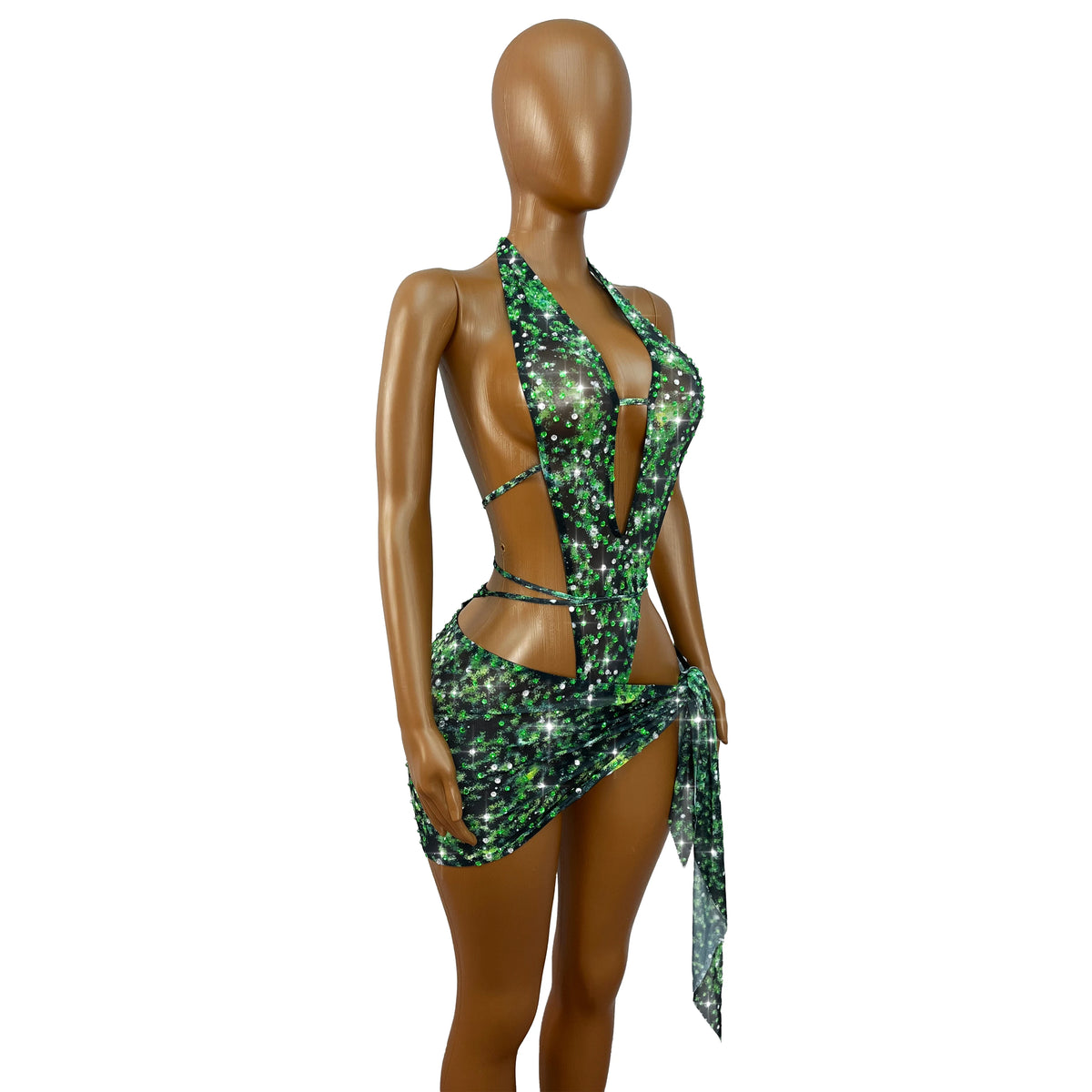 Green Rhinestone Mesh Skirt Set