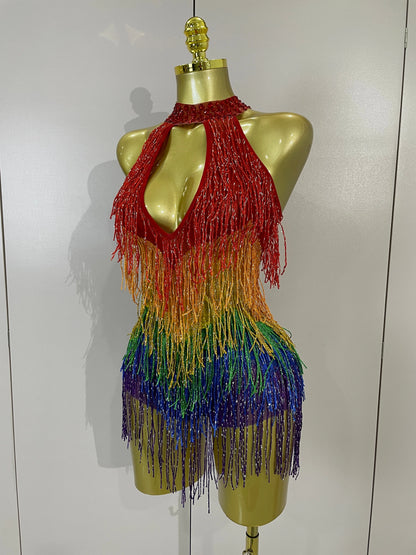 Rainbow Mesh Fringe Bodysuit