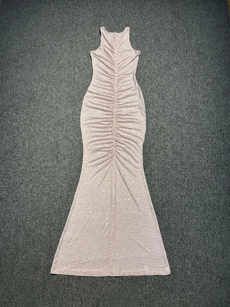 Pink Embellished Ruched Maxi Dress