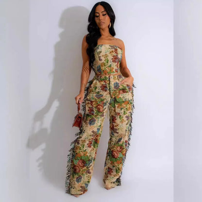 Floral Jacquard Fringed Pants Set