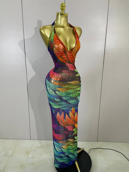 Sparkly Colorful Rhinestone Mesh Maxi Dress