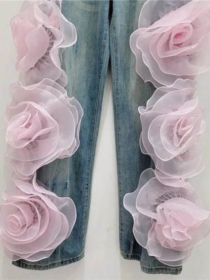 3D Flowers High Waist Jeans