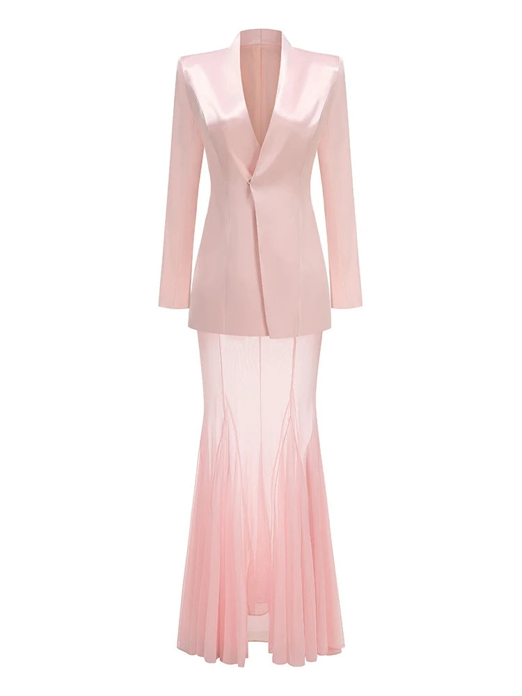 Pink Blazer Mesh Skirt Set