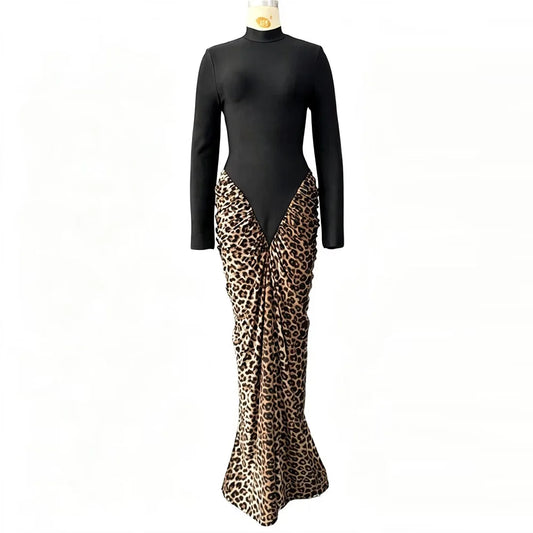 Leopard Pleated Bandage Maxi Dress