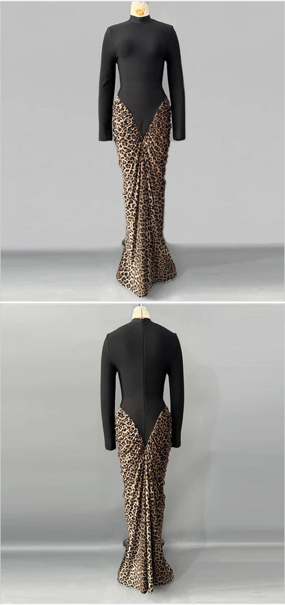 Leopard Pleated Bandage Maxi Dress