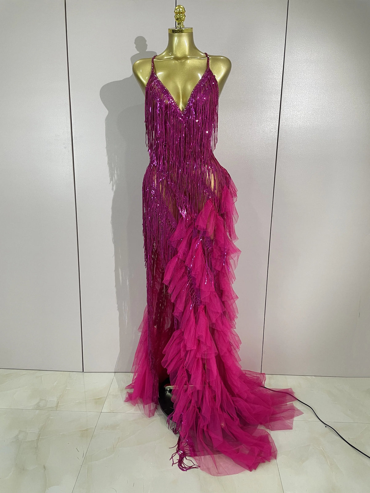 Alisa Rhinestone Tassel Sheer Maxi Dress