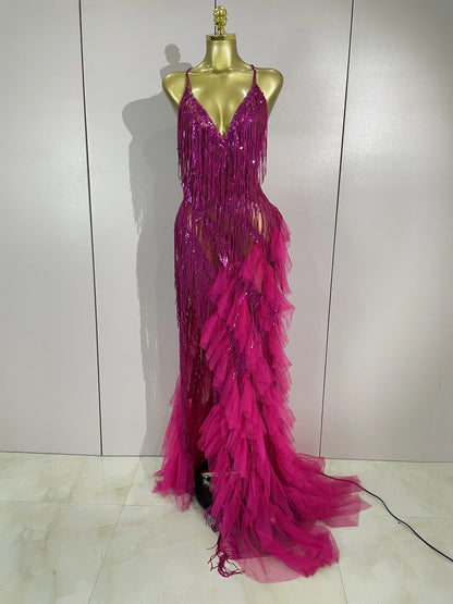 Alisa Rhinestone Tassel Sheer Maxi Dress