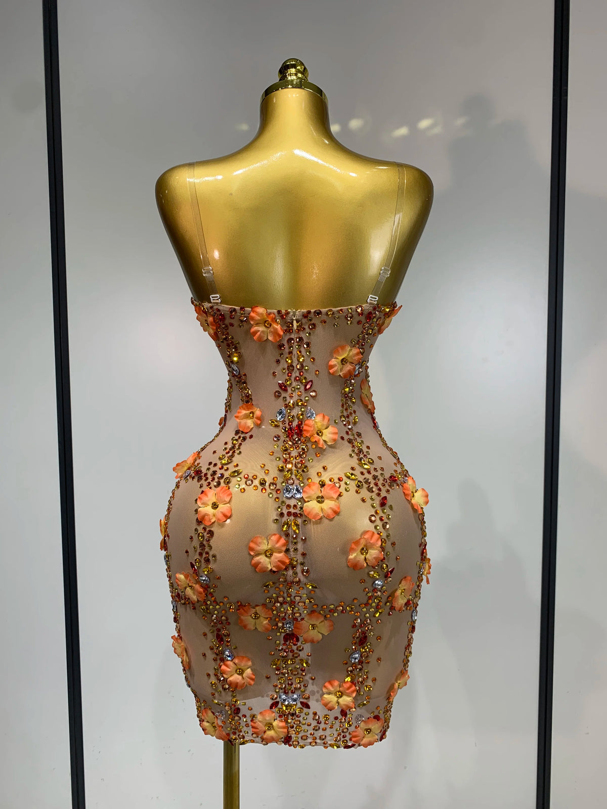 Susan Rhinestone Flower Mesh Mini Dress