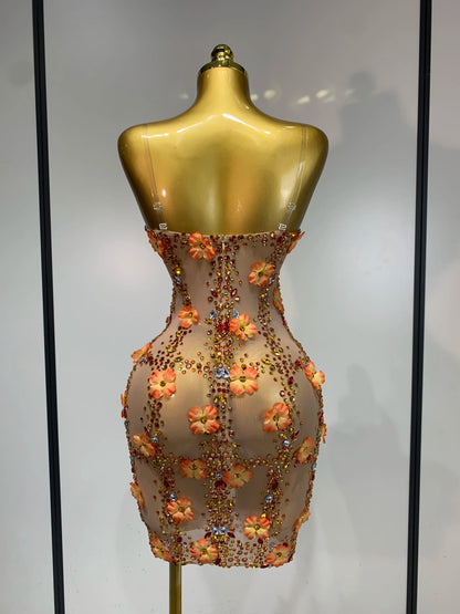 Susan Rhinestone Flower Mesh Mini Dress
