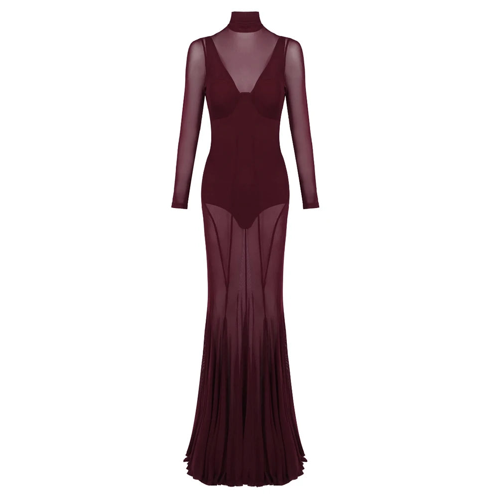 Robe moulante VC sexy en maille transparente à col roulé et manches longues, tenue de soirée transparente, coupe ajustée, tenue de club pour femme