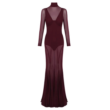 Robe moulante VC sexy en maille transparente à col roulé et manches longues, tenue de soirée transparente, coupe ajustée, tenue de club pour femme