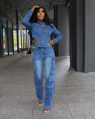 Lora Cargo Denim Pants Set