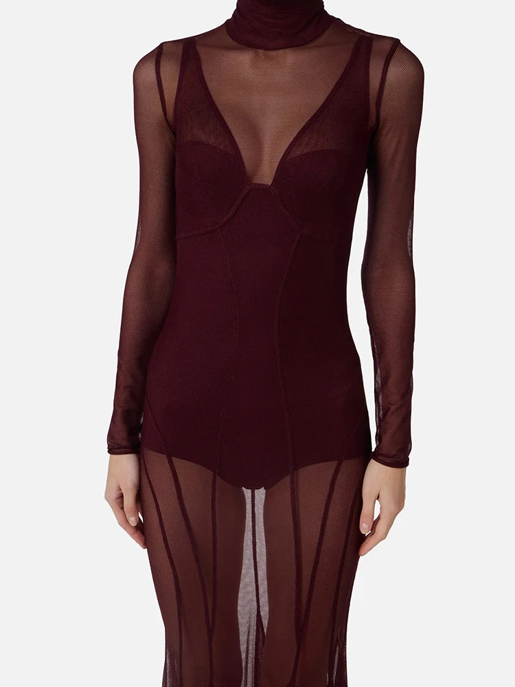 Robe moulante VC sexy en maille transparente à col roulé et manches longues, tenue de soirée transparente, coupe ajustée, tenue de club pour femme