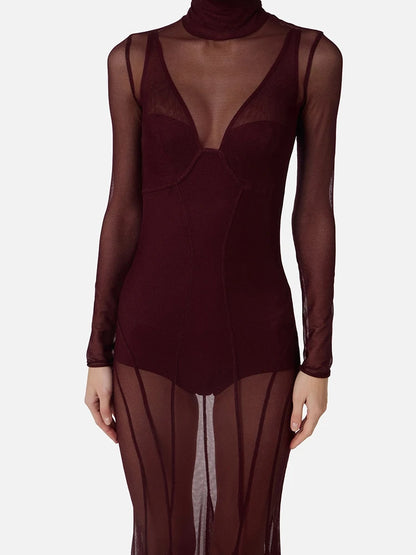 Robe moulante VC sexy en maille transparente à col roulé et manches longues, tenue de soirée transparente, coupe ajustée, tenue de club pour femme
