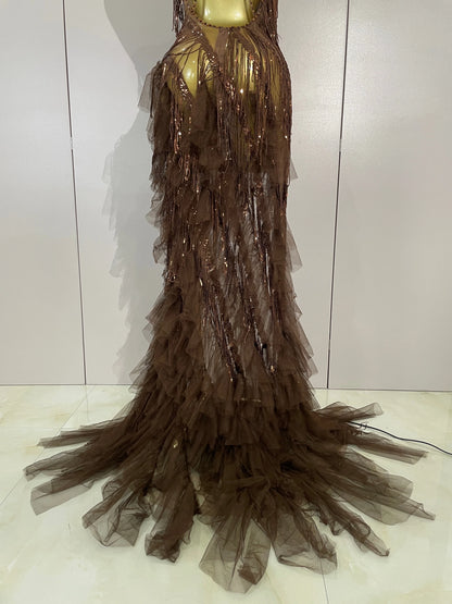 Alisa Rhinestone Tassel Sheer Maxi Dress