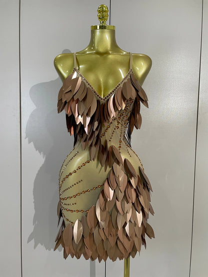 Leafy Sequins Mesh Mini Dress