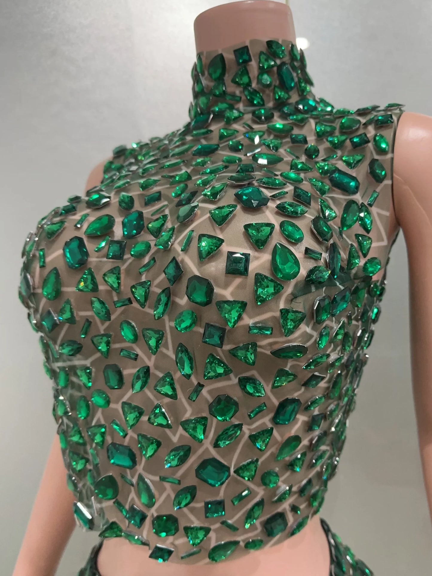 Rhinestone Green Mini Skirt Set