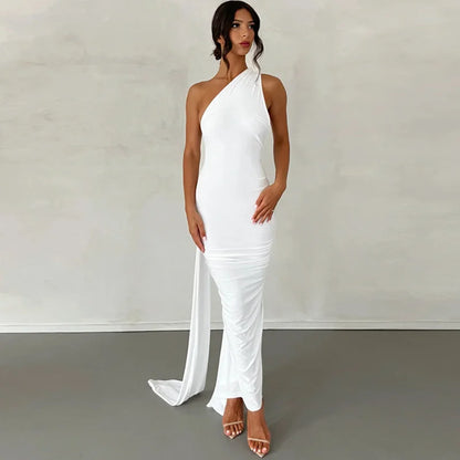 Oblique Backless Ruched Maxi Dress