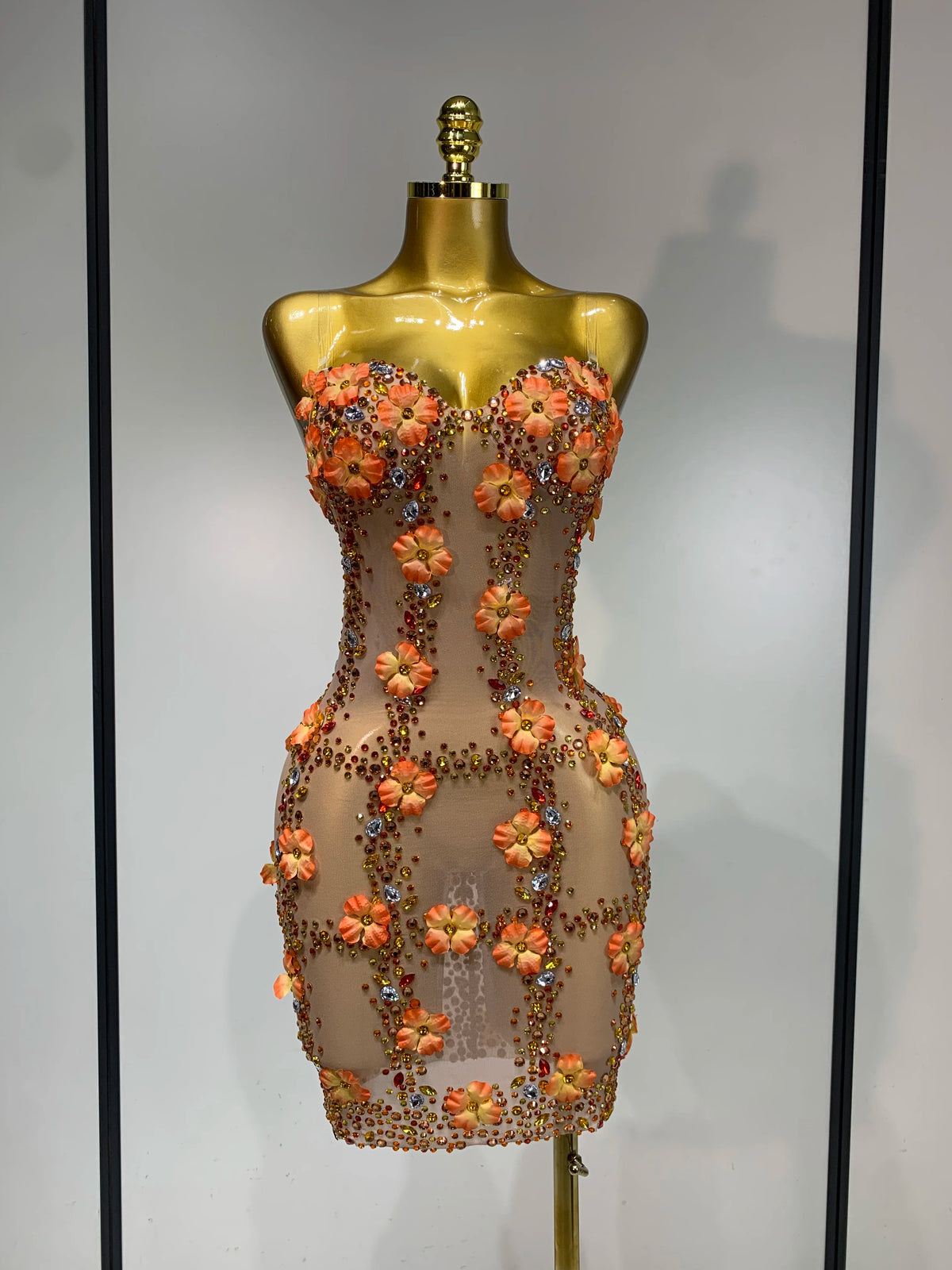 Susan Rhinestone Flower Mesh Mini Dress