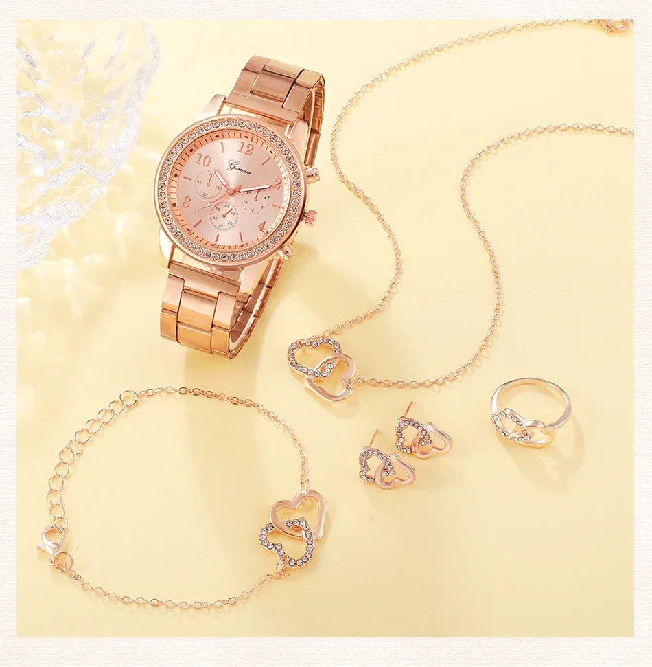 6PCS Set Luxury Watch/Earrings/Necklace