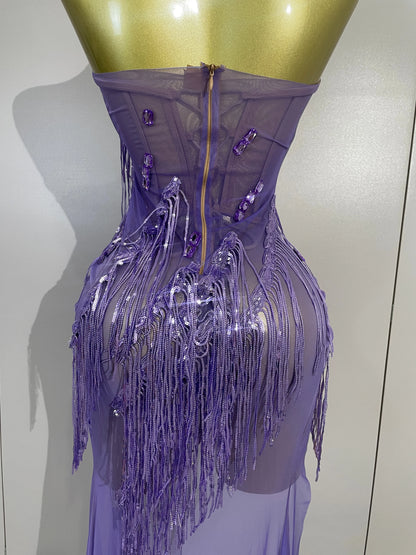Purple Tassel Mesh Maxi Dress