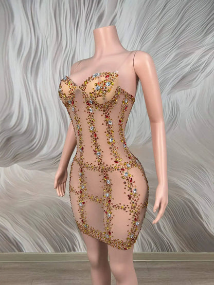 Jazzy Rhinestone Mesh Mini Dress