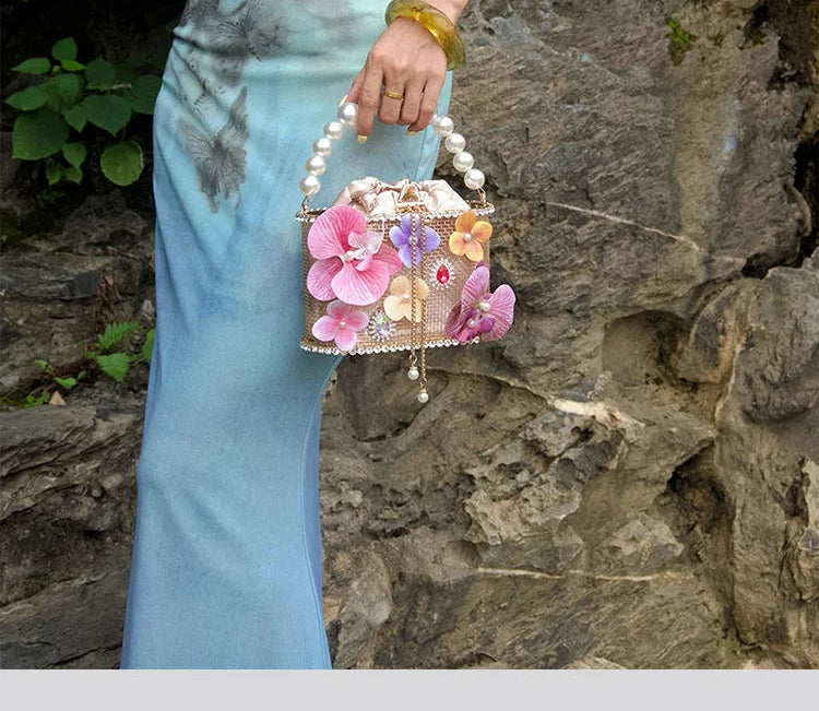Flower Beaded Bucket Handbag