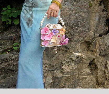 Flower Beaded Bucket Handbag