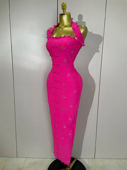 Rhinestone Pearl Bandage Midi Dress