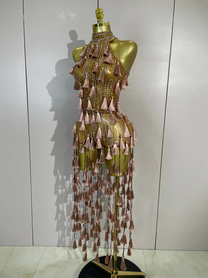 Olanda Mesh Bodysuit Tassel Dress