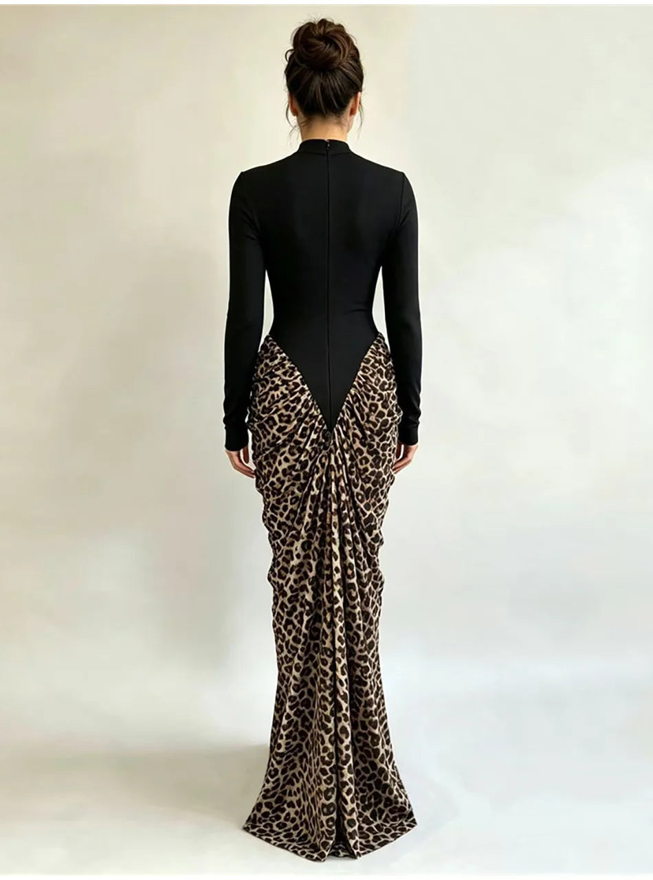 Leopard Pleated Bandage Maxi Dress