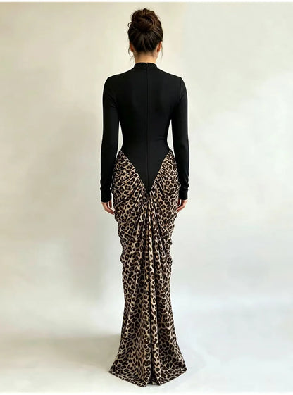 Leopard Pleated Bandage Maxi Dress
