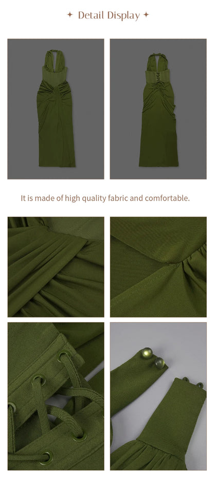 Olive Green Corset Ruched Maxi Dress