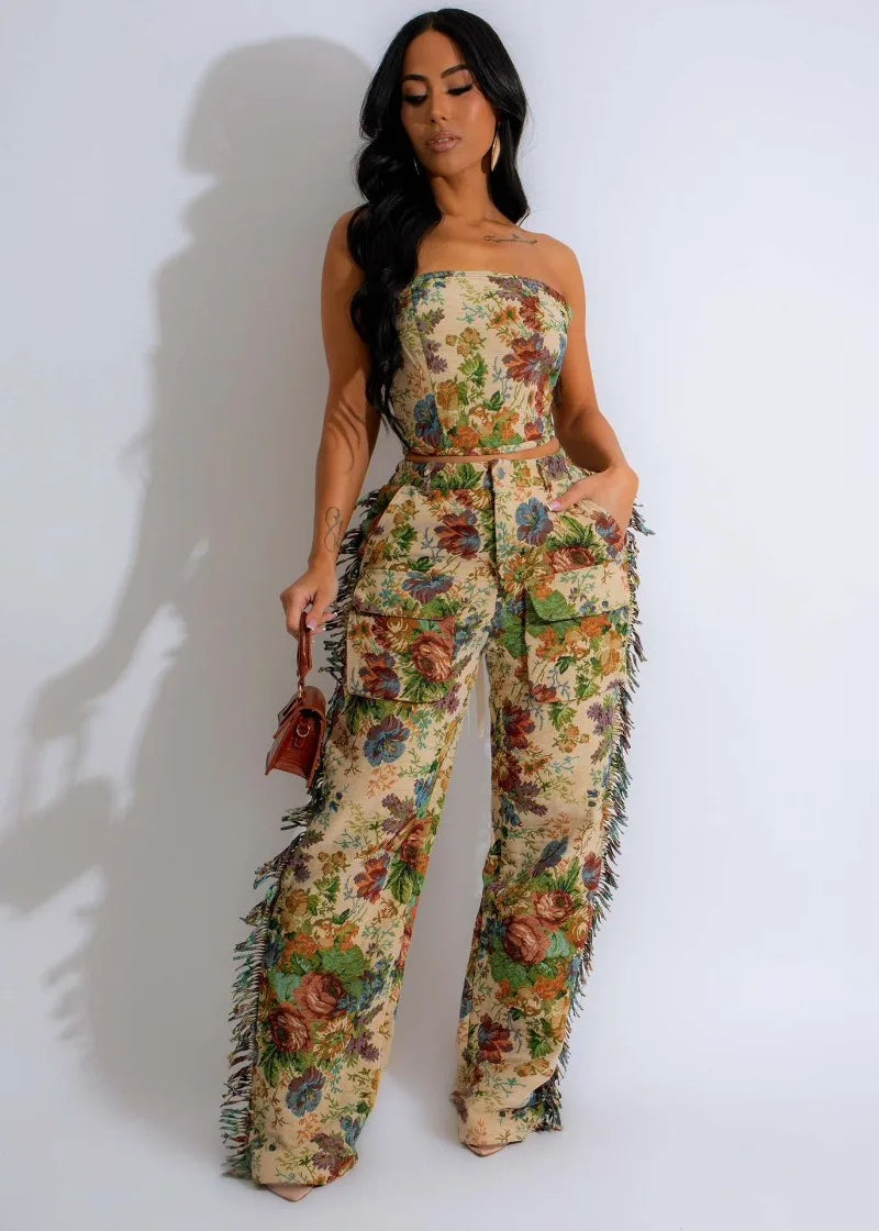 Floral Jacquard Fringed Pants Set