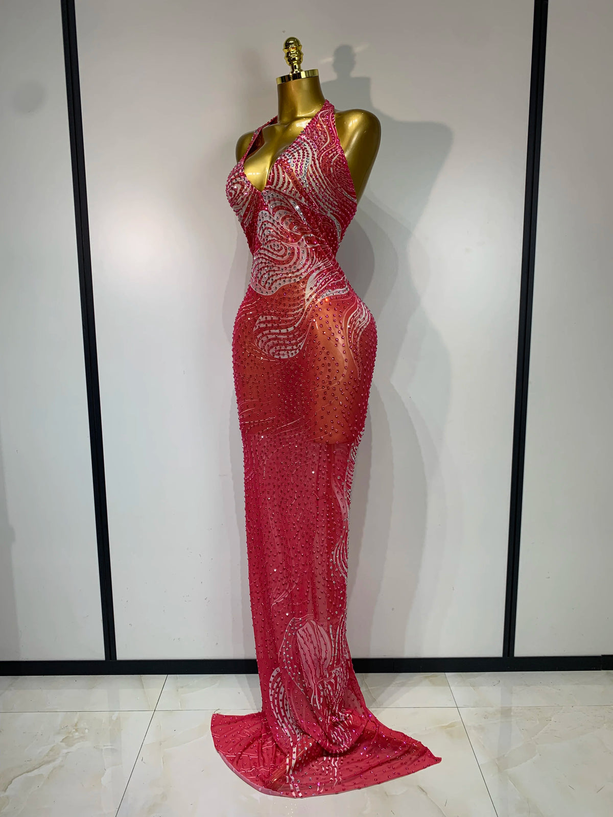 Luxe Rhinestone Mesh Maxi Dress- Peach Pink