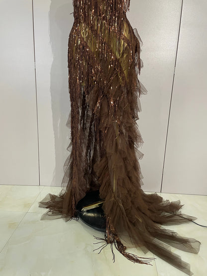 Alisa Rhinestone Tassel Sheer Maxi Dress